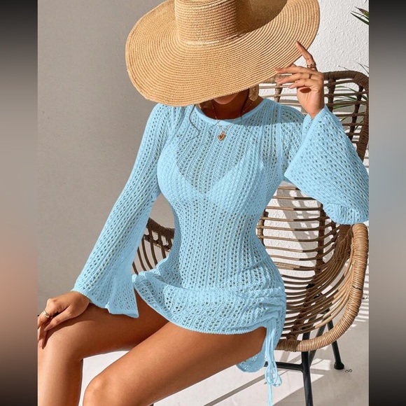Baby blue crochet ruched tie drawstring side tie back mini cover up dress - Picture 3 of 6